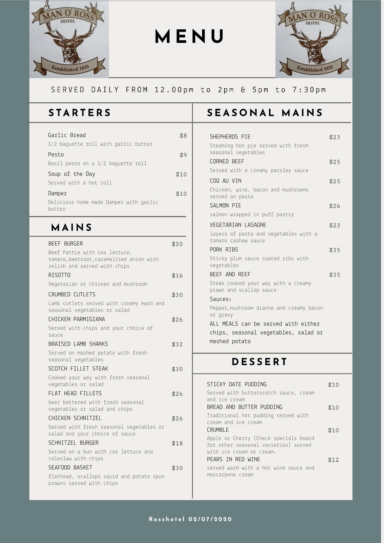 Ross Hotel menu